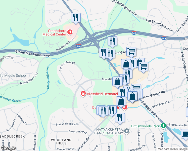 map of restaurants, bars, coffee shops, grocery stores, and more near 3214 Brassfield Road in Greensboro