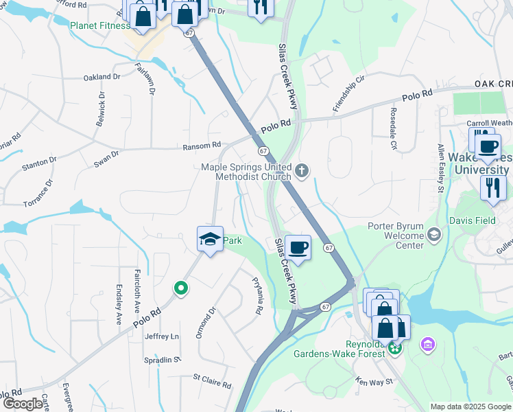 map of restaurants, bars, coffee shops, grocery stores, and more near 2865 Quincy Drive in Winston-Salem