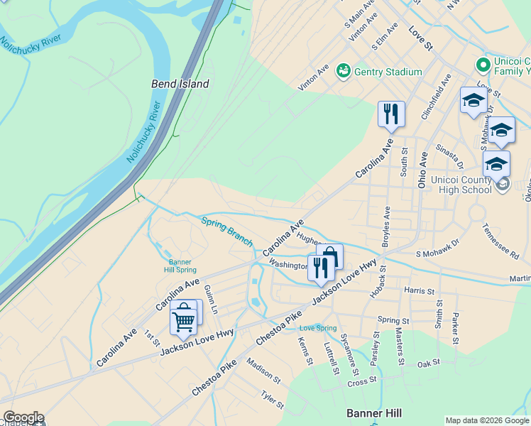 map of restaurants, bars, coffee shops, grocery stores, and more near 101 Canzada Place in Erwin