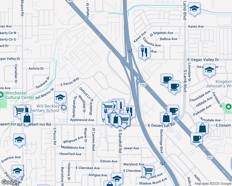 map of restaurants, bars, coffee shops, grocery stores, and more near 136 Greenbriar Townhouse Way in Las Vegas