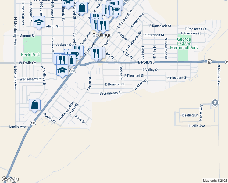 map of restaurants, bars, coffee shops, grocery stores, and more near 245 East Sacramento Street in Coalinga