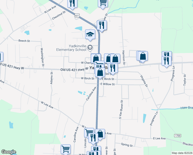 map of restaurants, bars, coffee shops, grocery stores, and more near 102 East Elm Street in Yadkinville