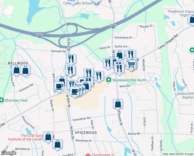 map of restaurants, bars, coffee shops, grocery stores, and more near 4003 Ransom Road in Greensboro