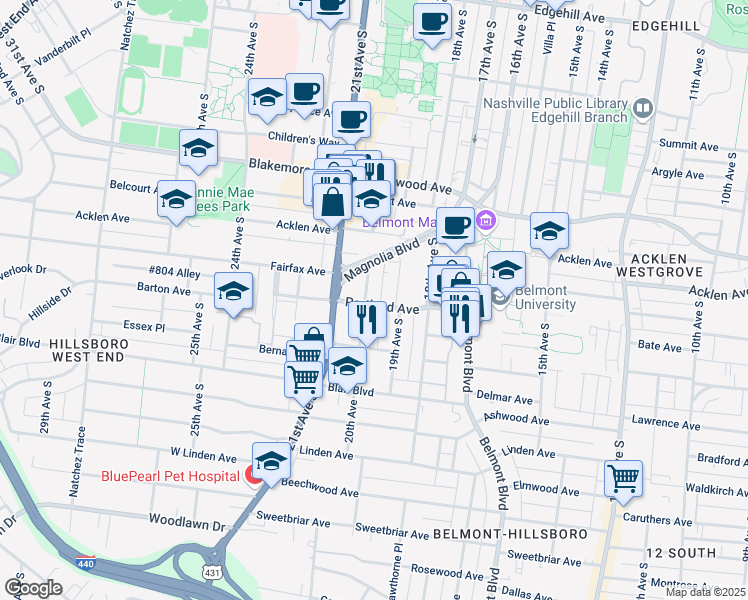 map of restaurants, bars, coffee shops, grocery stores, and more near 1925 19th Avenue South in Nashville