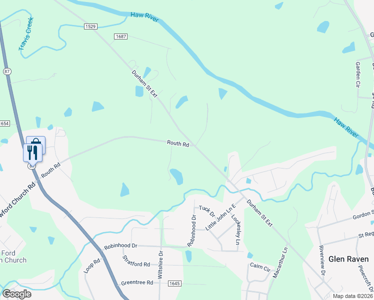 map of restaurants, bars, coffee shops, grocery stores, and more near 1710 Routh Road in Burlington