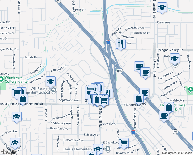 map of restaurants, bars, coffee shops, grocery stores, and more near 171 Greenbriar Townhouse Way in Las Vegas