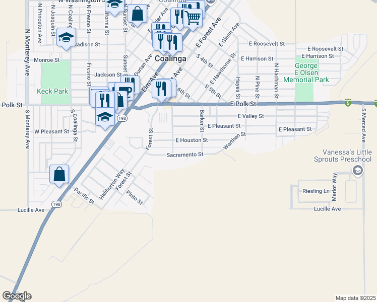map of restaurants, bars, coffee shops, grocery stores, and more near 245 East Sacramento Street in Coalinga