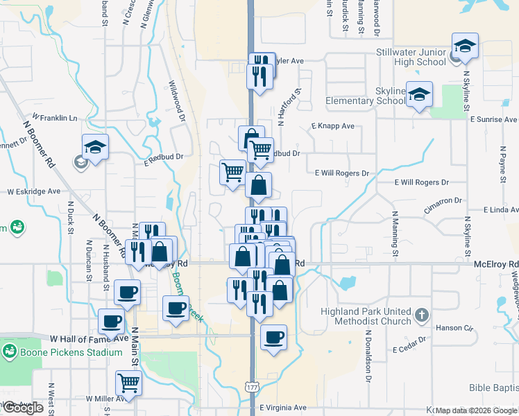 map of restaurants, bars, coffee shops, grocery stores, and more near 919 North Perkins Road in Stillwater