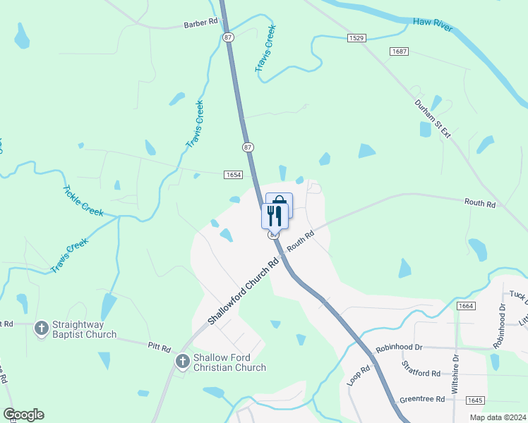map of restaurants, bars, coffee shops, grocery stores, and more near North North Carolina Highway 87 in Elon