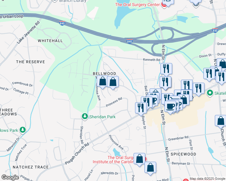 map of restaurants, bars, coffee shops, grocery stores, and more near 4237 Baylor Street in Greensboro