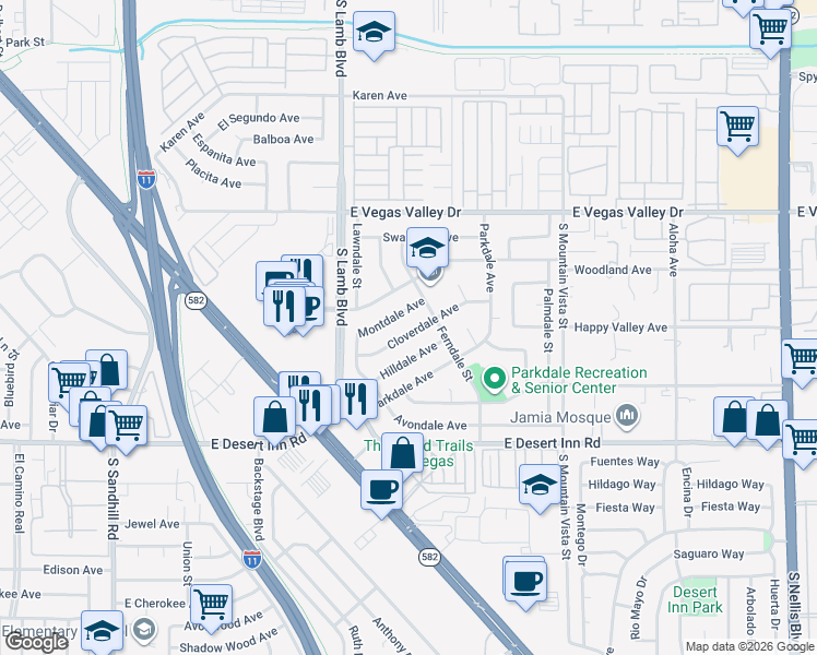 map of restaurants, bars, coffee shops, grocery stores, and more near 4350 Cloverdale Avenue in Las Vegas