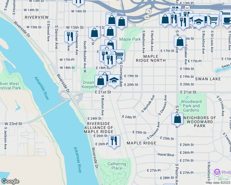 map of restaurants, bars, coffee shops, grocery stores, and more near in Tulsa