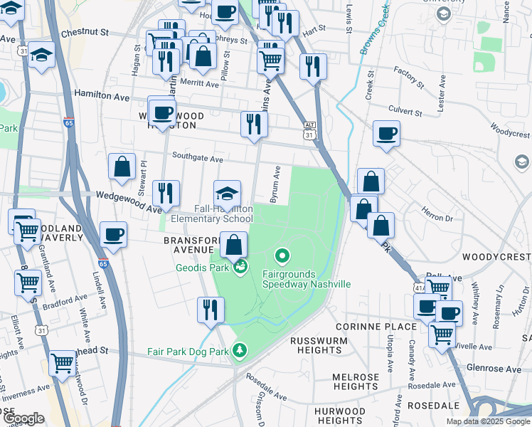 map of restaurants, bars, coffee shops, grocery stores, and more near 174 Rains Avenue in Nashville