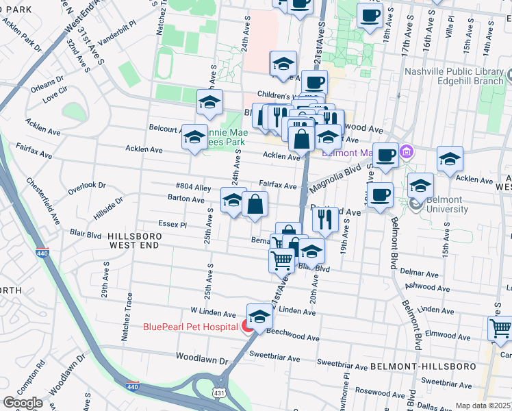 map of restaurants, bars, coffee shops, grocery stores, and more near 2002 Calhoun Avenue in Nashville