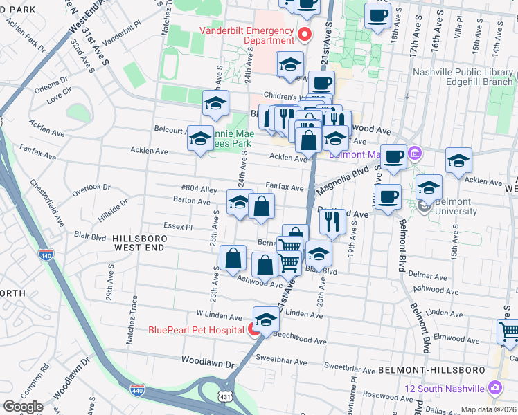 map of restaurants, bars, coffee shops, grocery stores, and more near 1910 24th Avenue South in Nashville