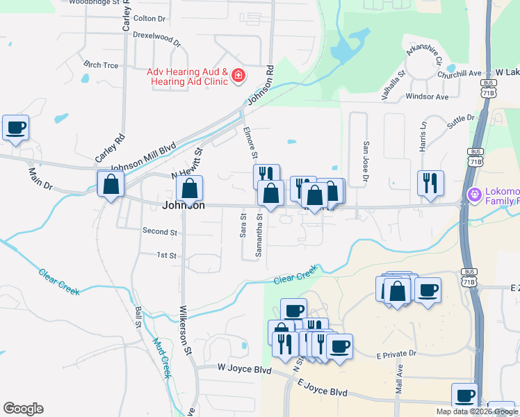 map of restaurants, bars, coffee shops, grocery stores, and more near in Johnson