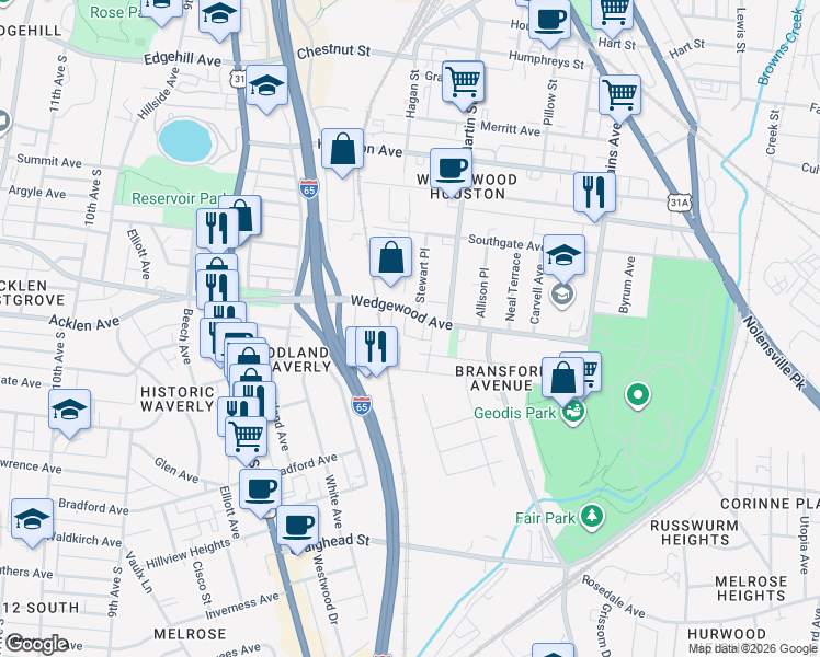 map of restaurants, bars, coffee shops, grocery stores, and more near 665 Wedgewood Avenue in Nashville