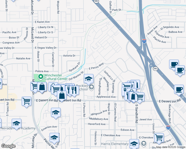 map of restaurants, bars, coffee shops, grocery stores, and more near 241 East Pecos Way in Las Vegas