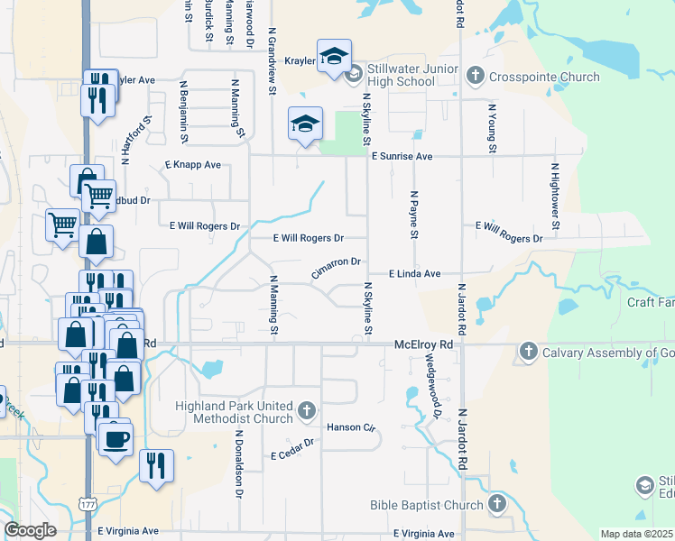map of restaurants, bars, coffee shops, grocery stores, and more near 1519 Cimarron Drive in Stillwater
