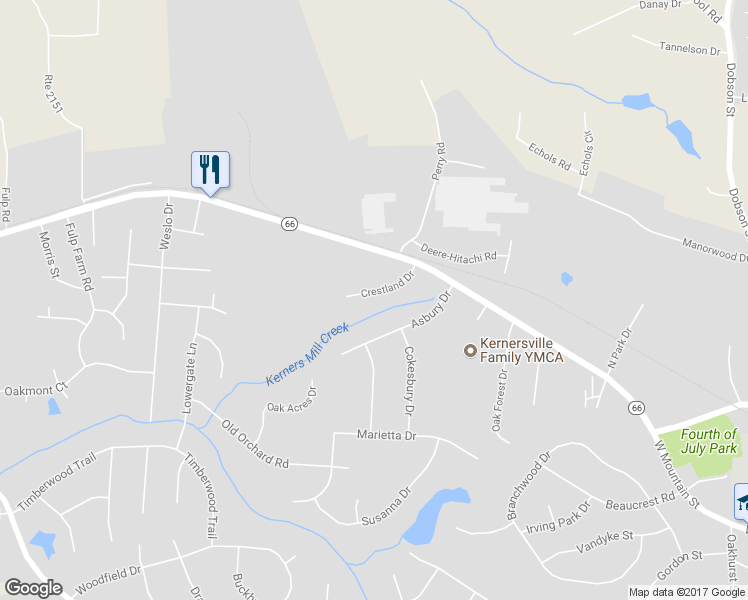 map of restaurants, bars, coffee shops, grocery stores, and more near 127 Crestland Drive in Kernersville