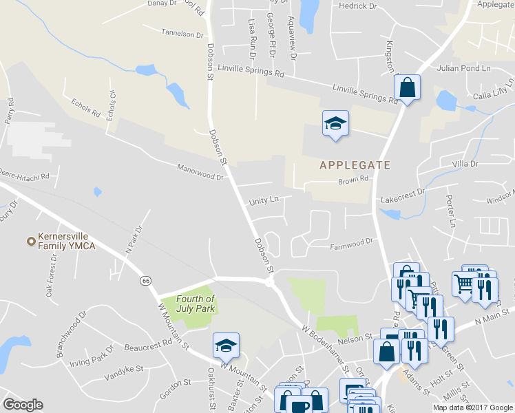 map of restaurants, bars, coffee shops, grocery stores, and more near 102 Unity Lane in Kernersville