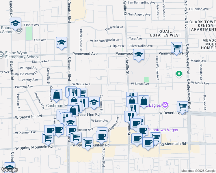 map of restaurants, bars, coffee shops, grocery stores, and more near 3110 Cameron Street in Las Vegas