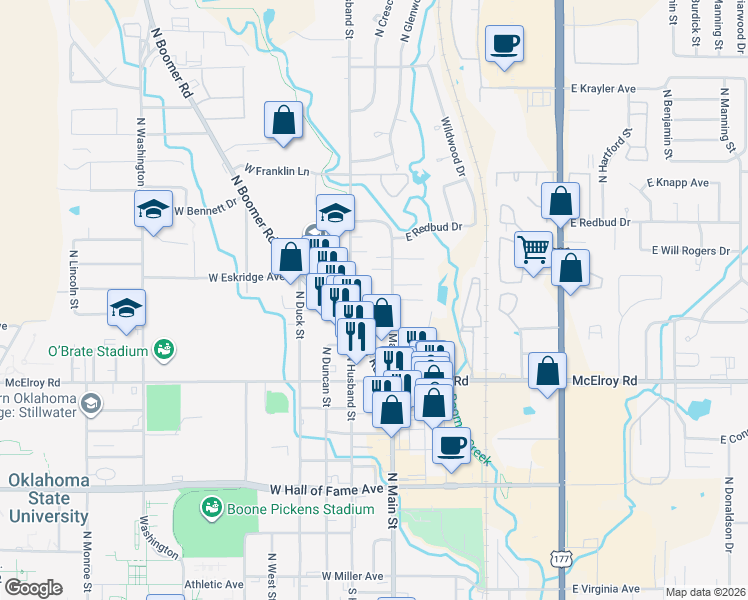 map of restaurants, bars, coffee shops, grocery stores, and more near 1114 North Main Street in Stillwater
