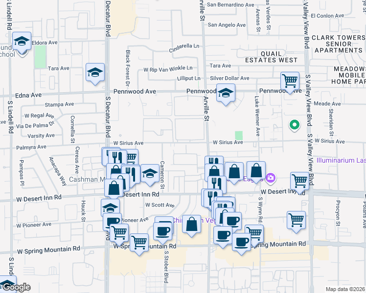 map of restaurants, bars, coffee shops, grocery stores, and more near 4511 West Sirius Avenue in Las Vegas