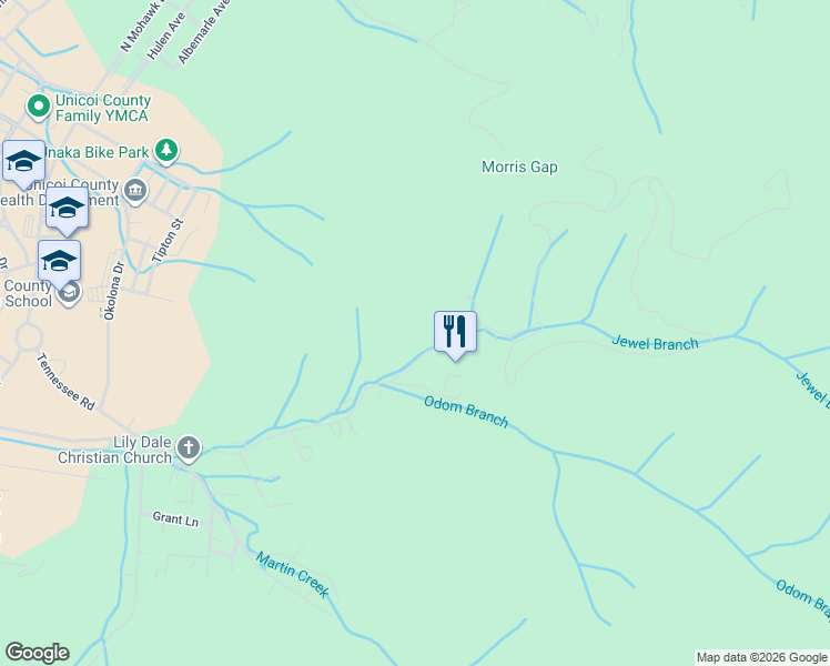 map of restaurants, bars, coffee shops, grocery stores, and more near 115 Morris Road in Erwin