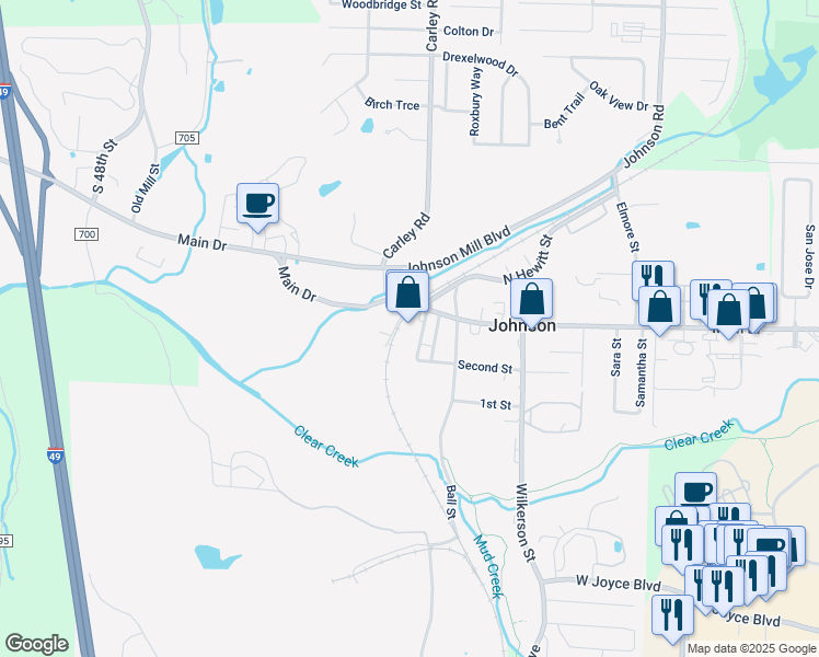 map of restaurants, bars, coffee shops, grocery stores, and more near 5703 South Hewitt Street in Fayetteville