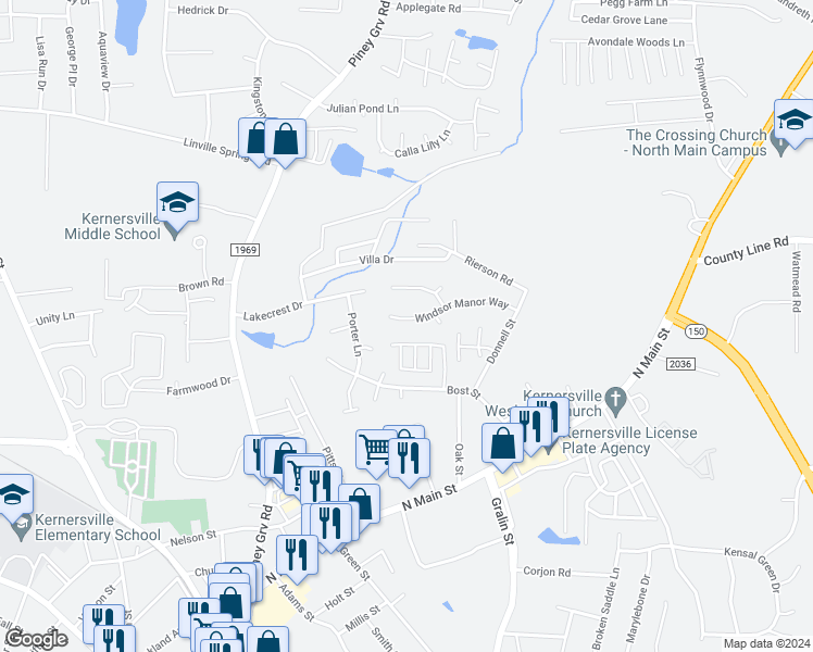 map of restaurants, bars, coffee shops, grocery stores, and more near 343 Windsor Manor Way in Kernersville
