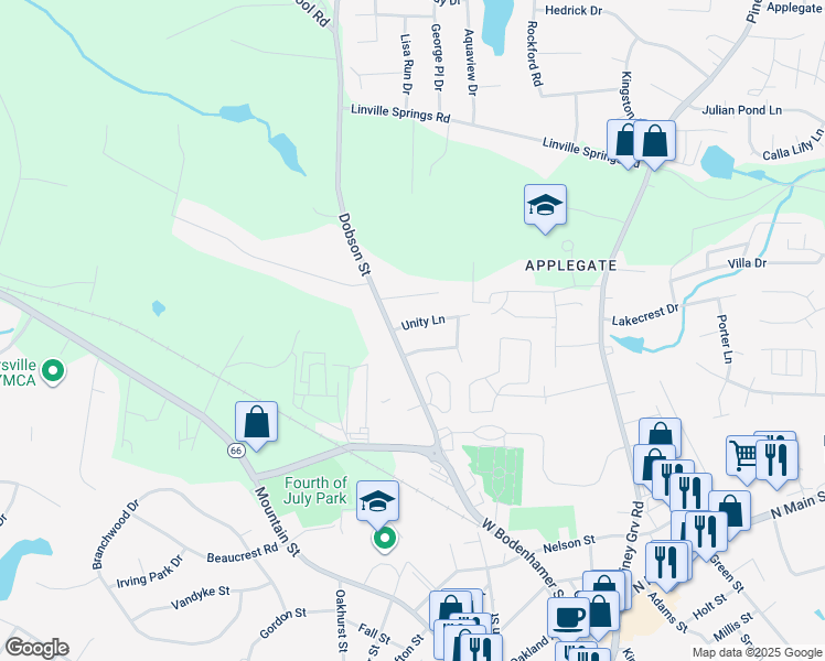 map of restaurants, bars, coffee shops, grocery stores, and more near 102 Unity Lane in Kernersville