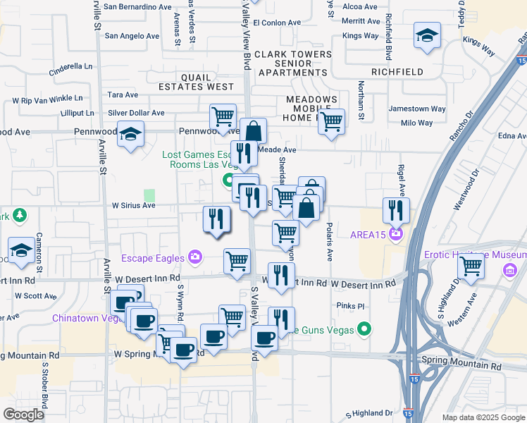 map of restaurants, bars, coffee shops, grocery stores, and more near 3100 South Valley View Boulevard in Las Vegas