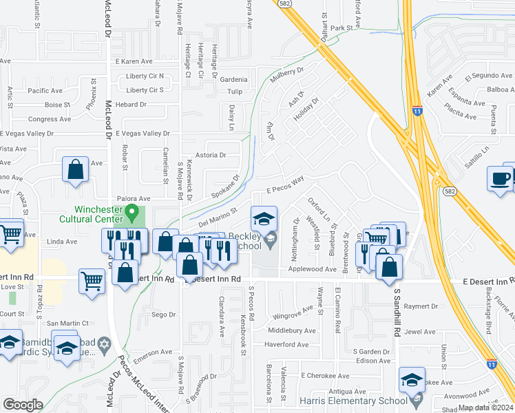 map of restaurants, bars, coffee shops, grocery stores, and more near 3086 South Pecos Road in Las Vegas