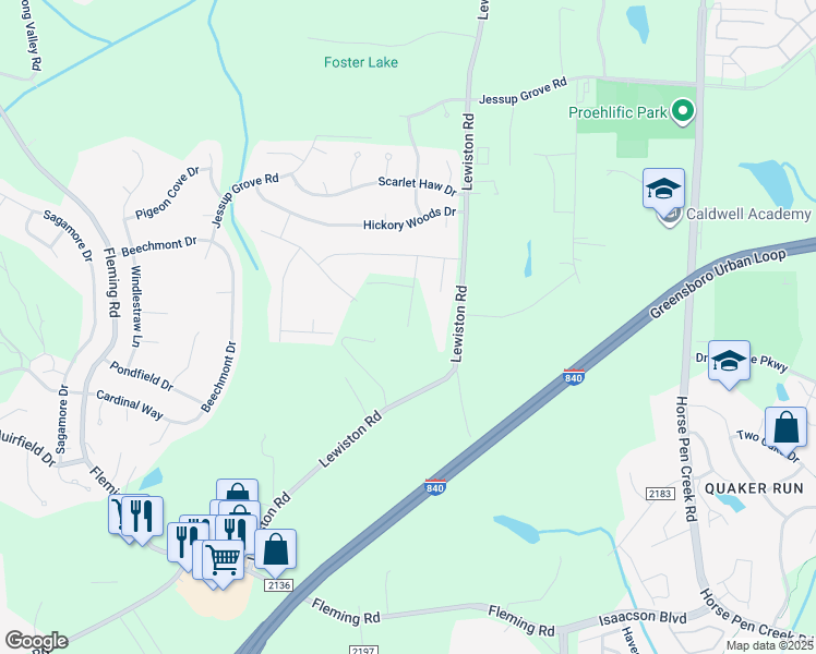 map of restaurants, bars, coffee shops, grocery stores, and more near 3600 Bridleton Ridge Trail in Greensboro