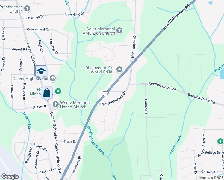 map of restaurants, bars, coffee shops, grocery stores, and more near 3550 New Walkertown Road in Winston-Salem