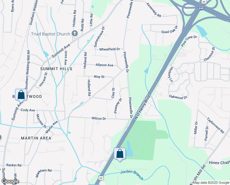 map of restaurants, bars, coffee shops, grocery stores, and more near 3807 Clay Street in Greensboro