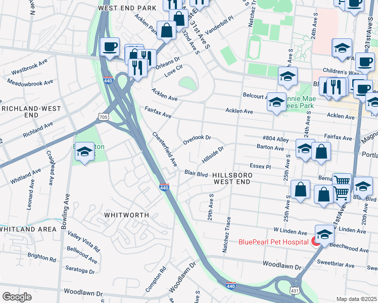 map of restaurants, bars, coffee shops, grocery stores, and more near 2201 Westview Drive in Nashville