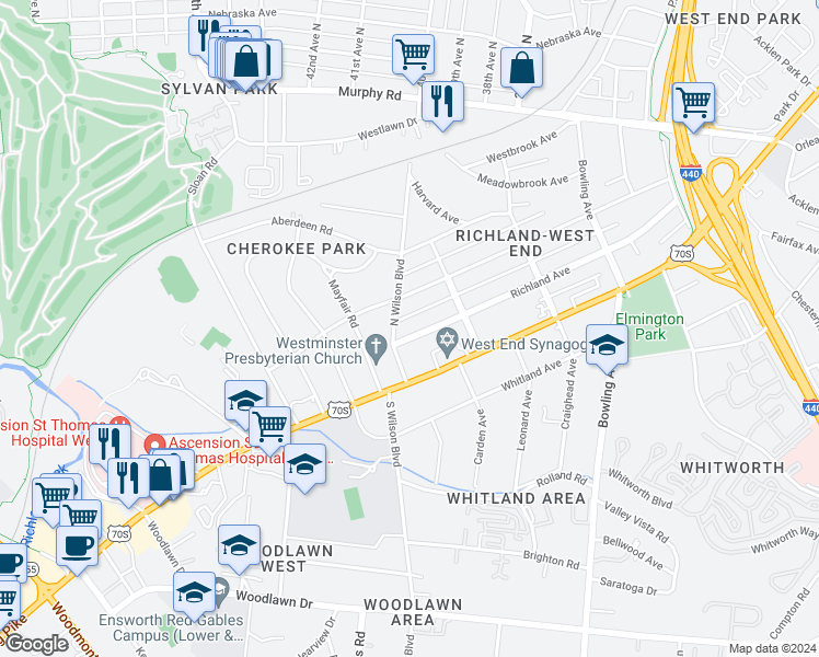 map of restaurants, bars, coffee shops, grocery stores, and more near 3822 Richland Avenue in Nashville