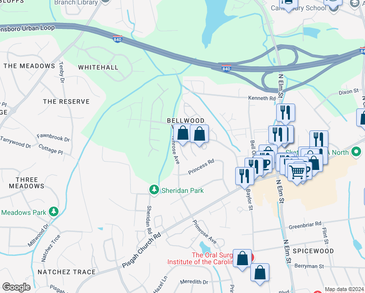 map of restaurants, bars, coffee shops, grocery stores, and more near 4397 Baylor Street in Greensboro