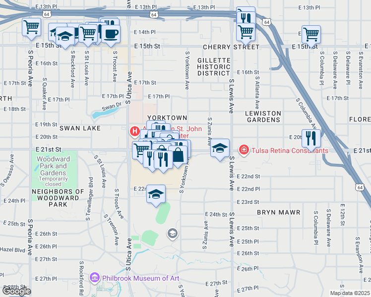 map of restaurants, bars, coffee shops, grocery stores, and more near 2027 E 21st St in Tulsa