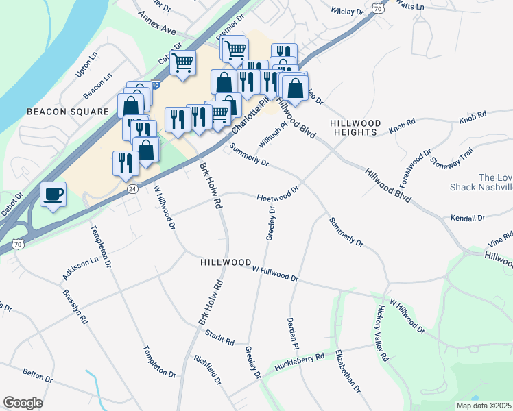 map of restaurants, bars, coffee shops, grocery stores, and more near 6721 Fleetwood Drive in Nashville