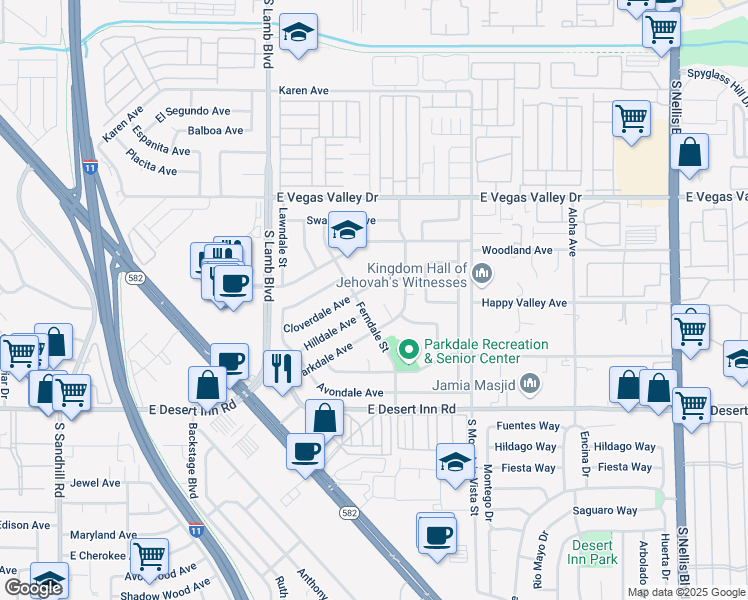 map of restaurants, bars, coffee shops, grocery stores, and more near 4399 Cloverdale Avenue in Las Vegas