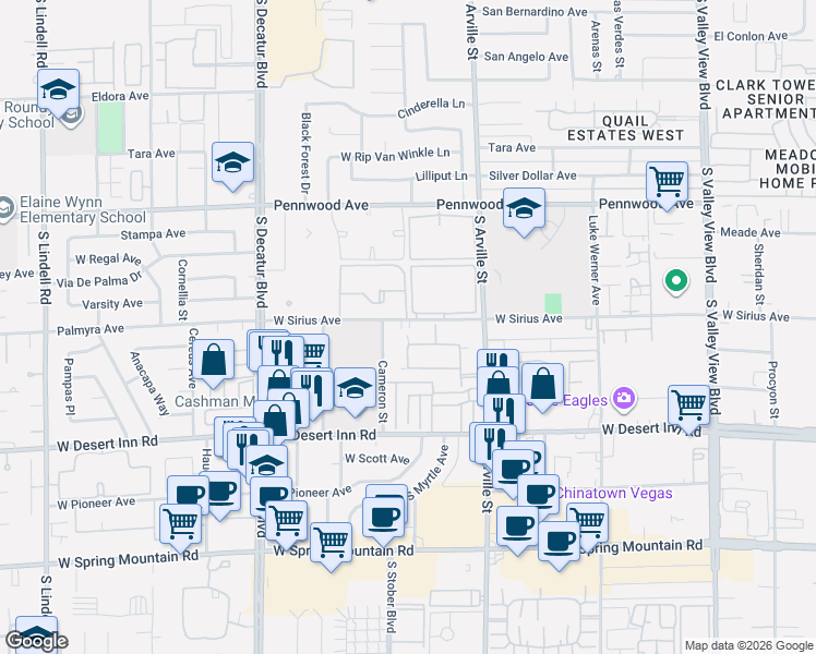 map of restaurants, bars, coffee shops, grocery stores, and more near 3110 Cameron Street in Las Vegas