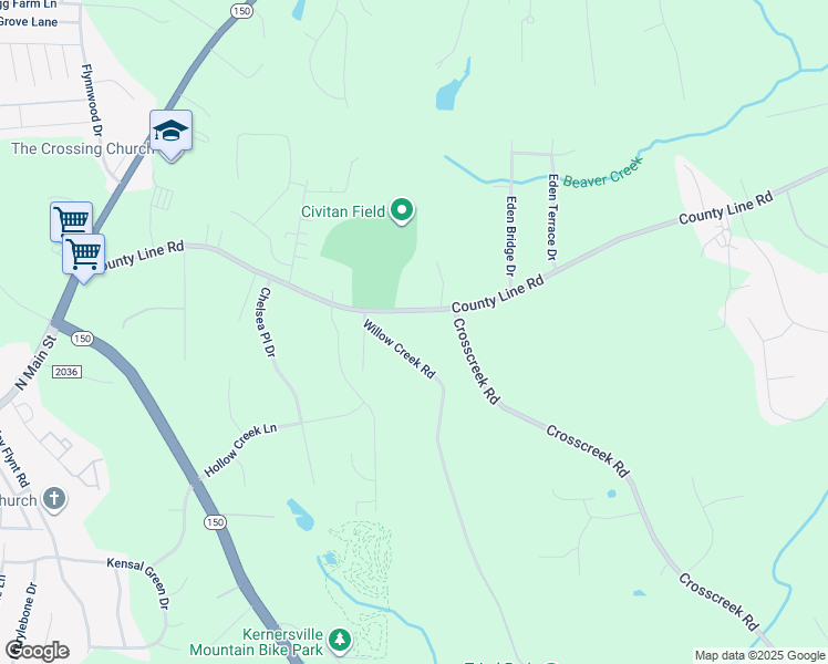 map of restaurants, bars, coffee shops, grocery stores, and more near 9335 County Line Road in Kernersville