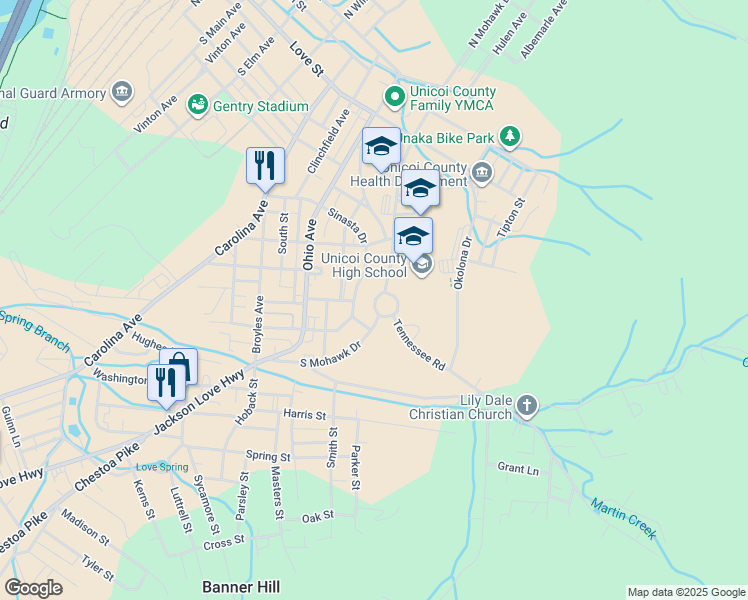 map of restaurants, bars, coffee shops, grocery stores, and more near 614-698 Sinasta Drive in Erwin