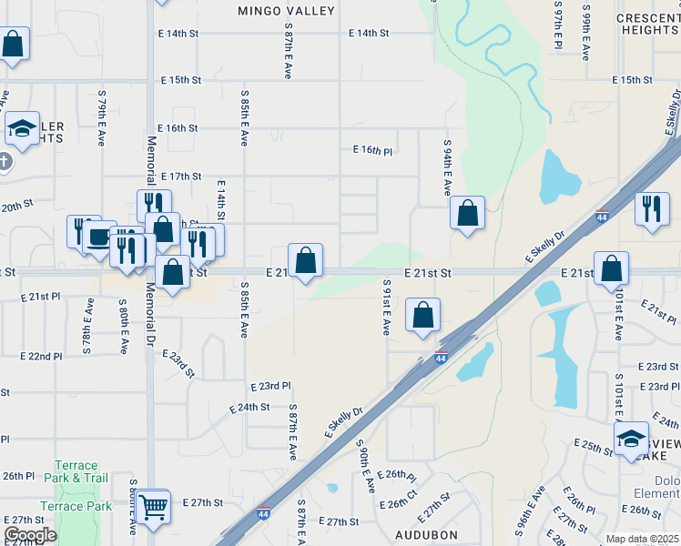 map of restaurants, bars, coffee shops, grocery stores, and more near 8909-8967 East 21st Street in Tulsa