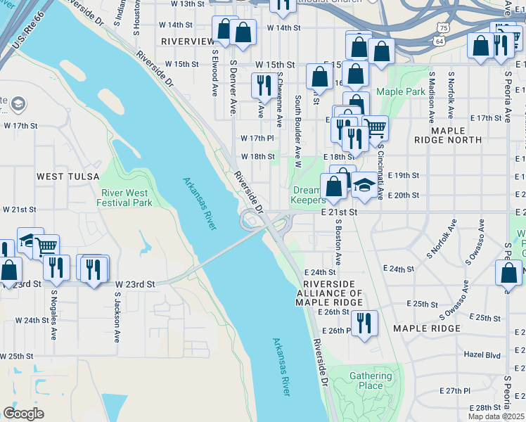 map of restaurants, bars, coffee shops, grocery stores, and more near 1929 Riverside Drive in Tulsa