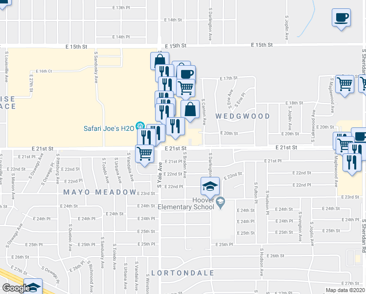 map of restaurants, bars, coffee shops, grocery stores, and more near 5105 East 21st Street in Tulsa