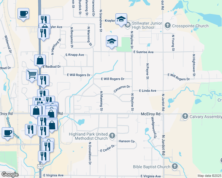 map of restaurants, bars, coffee shops, grocery stores, and more near 1423 East Cimarron Lane in Stillwater